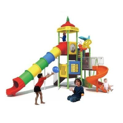 MYTS Kids playful long tube slide , game and three swing playset 